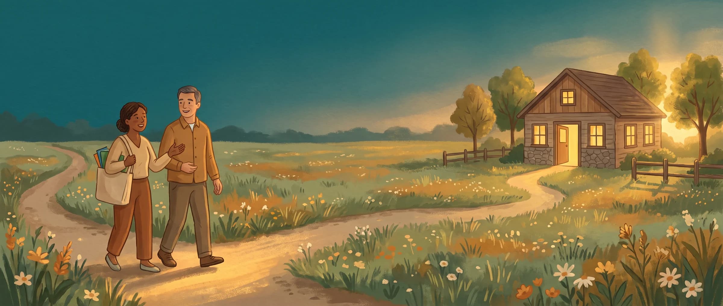 A program worker and a participant walking together along a meadow path at dusk toward the lit doorway of a small community building.