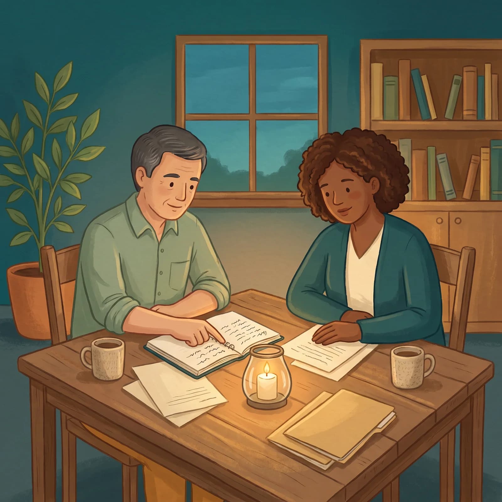 Two staff members working through notes together at a lantern-lit table in the evening.